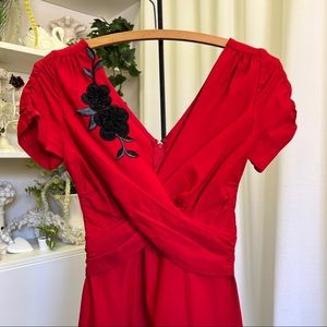 Stop Staring! Red Black Rose Appliqué Lana Wrap Front 40s Style Dress